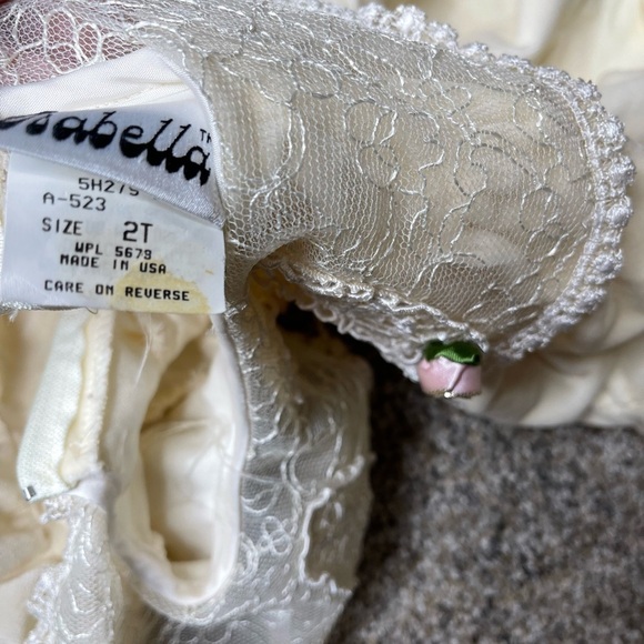 Vintage Isabella Baby Toddler Dress 2T Ivory Velvet With Lace Ruffle Bottom - Picture 7 of 7